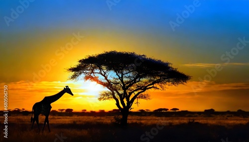 Alone tree on the left in the savanna against a black silhouette background of a stunning sunset. © CreativeStock