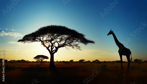 Alone tree on the left in the savanna against a black silhouette background of a stunning sunset.