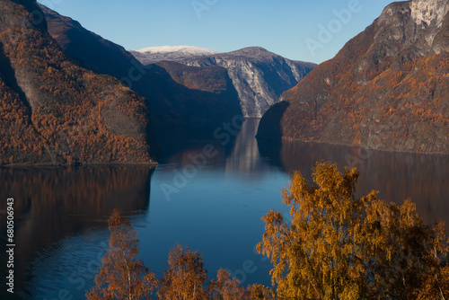 Beautiful fjord scenery in bright autumn colors at the Aurlandsfjord in Norway.
