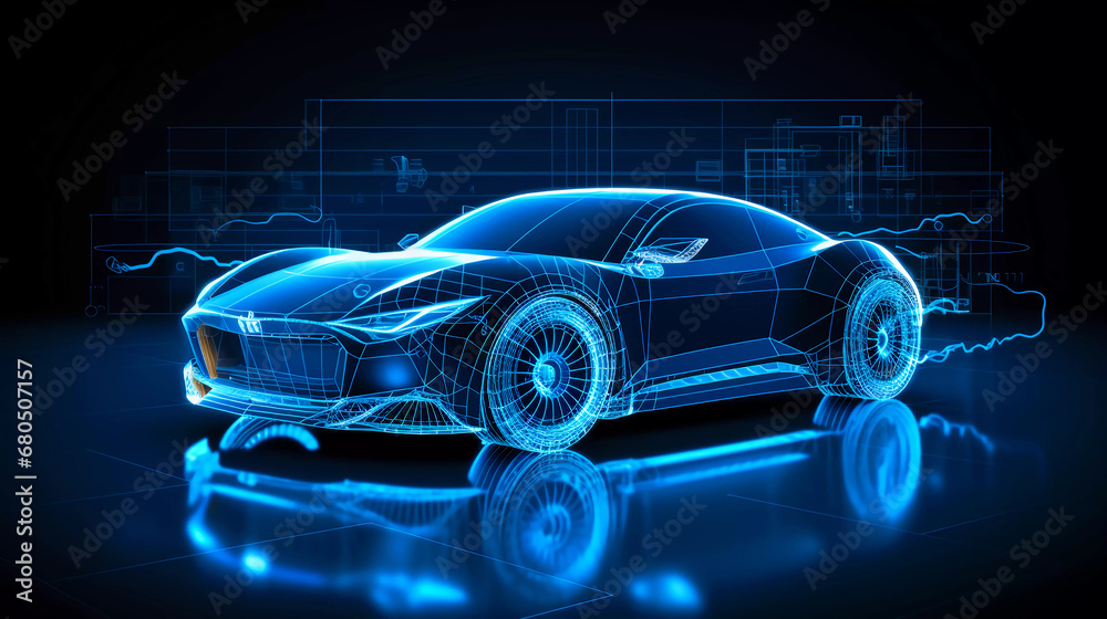 Frontside Futuristic AR car wireframe concept, generative ai, Augmented reality wireframe of car concept with blue background