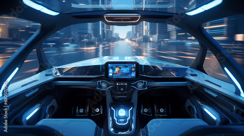 Futuristic autonomous vehicle cockpit. Interior of unmanned car cockpit with digital screens. © Business Pics