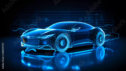 Frontside Futuristic AR car wireframe concept, generative ai, Augmented reality wireframe of car concept with blue background photo