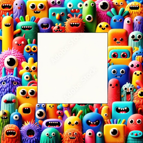 A vibrant and whimsical assortment of cartoon monsters surrounding a central blank space