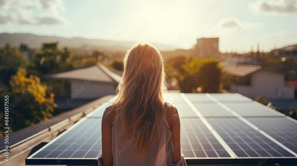 A young, environmentally conscious student gazes thoughtfully at a field of solar panels, contemplating a future powered by sustainable, renewable energy sources. - obrazy, fototapety, plakaty 