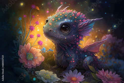 Cute baby fantasy dragon in the field of beautiful flowers on a glowing background, Year of the Dragon, Generative AI
