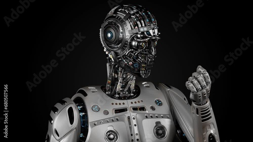 Very detailed humanoid cyborg or futuristic robot man looking at his arm. 3d rendering animation of the upper body isolated on black background with alpha
