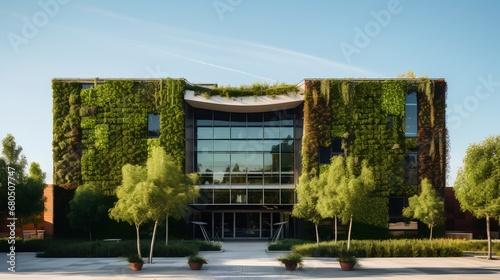 A contemporary educational building featuring a vertical garden, with vibrant greenery covering its facade, reflecting sustainable and ecofriendly design in a modern academic setting. photo