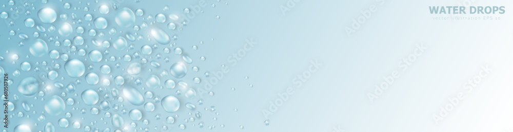 Realistic water drops or dew background with space for text. Template of soft blue empty panoramic banner with condensation texture or rain droplets. Aqua fresh header with 3d water bubble frame