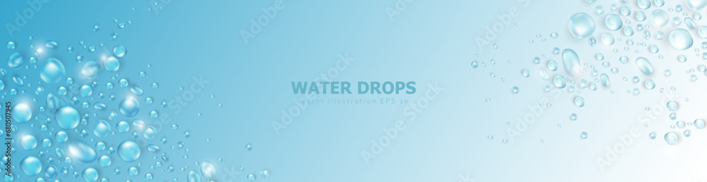 Soft blue billboard with realistic 3d pure water drops or condensation on surface. Panoramic banner with rain droplets or dew pattern as a frame. Aqua fresh header with place for text