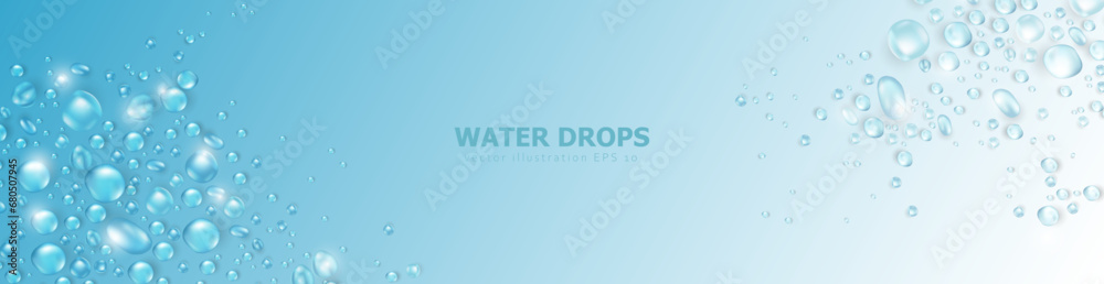 Soft blue billboard with realistic 3d pure water drops or condensation on surface. Panoramic banner with rain droplets or dew pattern as a frame. Aqua fresh header with place for text Soft blue billboard with realistic 3d pure water drops or condensation on surface. Panoramic banner with rain droplets or dew pattern as a frame. Aqua fresh header with place for text