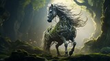 the forest horse as a guardian of an ancient, luminous tree, with roots that delve into the very heart of the earth.