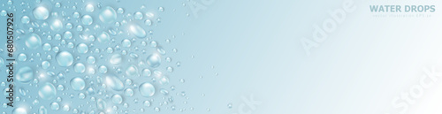 Realistic water drops or dew background with space for text. Template of soft blue empty panoramic banner with condensation texture or rain droplets. Aqua fresh header with 3d water bubble frame