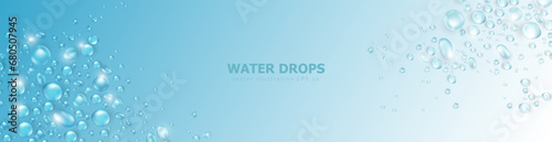 Soft blue billboard with realistic 3d pure water drops or condensation on surface. Panoramic banner with rain droplets or dew pattern as a frame. Aqua fresh header with place for text