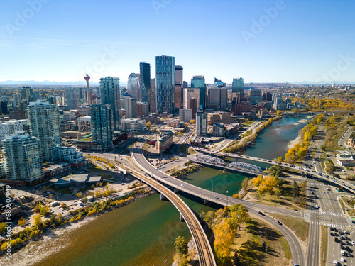 Downtown Calgary skyline and Bow River in autumn season. Aerial view of City of Calgary, Alberta, Canada. photo