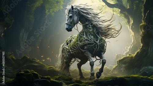 the forest horse as a guardian of an ancient, luminous tree, with roots that delve into the very heart of the earth.