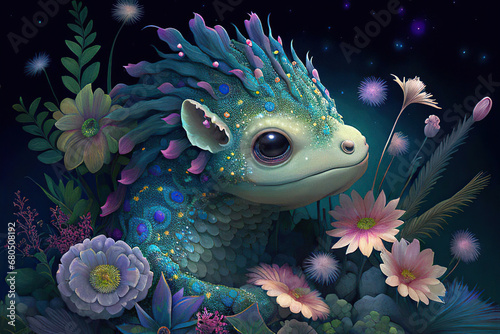 Fantasy little dragon among beautiful flowers on a dark background, Year of the Dragon, Generative AI
