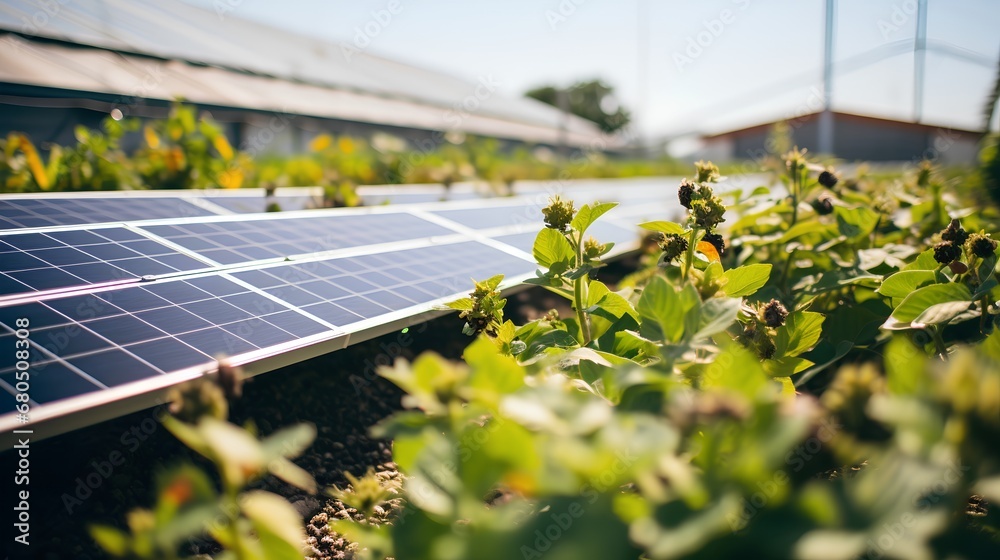 Fototapeta premium A modern ecofriendly green roof covered in lush vegetation and interspersed with efficient solar panels harnessing sustainable energy under a clear blue sky.