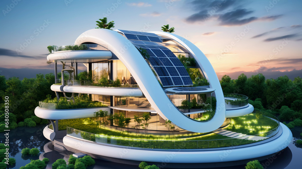 Futuristic generic smart home with solar panels rooftop system for renewable energy concepts as
