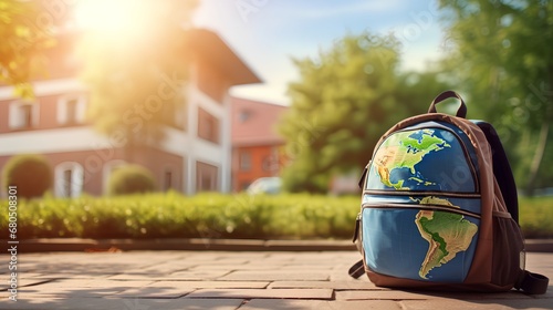 An inspiring concept image showcasing a globe surrounded by iconic international landmarks, symbolizing the opportunities and adventures of global education and studying abroad. photo