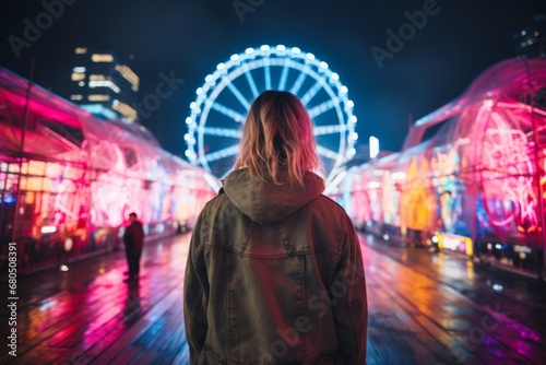 A Mesmerising. Night Scene: A Person Gazing at the Enchanting Ferris Wheel Lights. A person standing in front of a ferris wheel at night