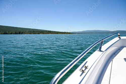 A large artificial lake, view from the boat. Motor boat on the water. Busko jezero, Livno, BiH.  © Ajdin Kamber