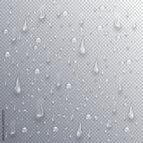 Pure realistic water drops or 3d condensation with light reflection on the surface or window. Shiny clear dew, rain droplets falling or aqua splash. Blobs overlay on transparent background