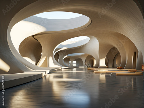 Serene mood in a curvilinear building with intense light, metaphysical interior, and minimalist stage designs. Concrete art and the style of concretism blend seamlessly. photo