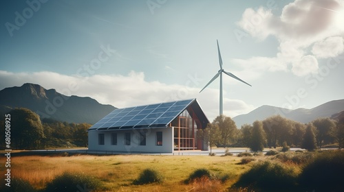 Modern ecofriendly home equipped with solar panels on the roof and a sleek wind turbine nearby, showcasing sustainable architecture for a renewable energypowered future. photo