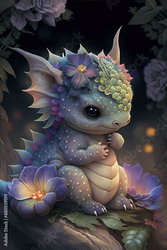 Cute baby fairy tale dragon with flowers on a dark background, Year of the Dragon, Generative AI © Eva