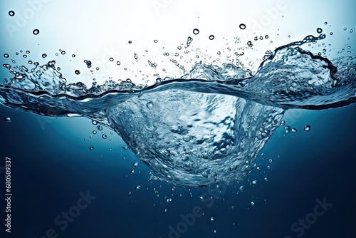 Aquatic elegance. Crystal clear water in macro splash representing purity and nature beauty. Blue hues and transparent waves conveying freshness and motion in abstract form