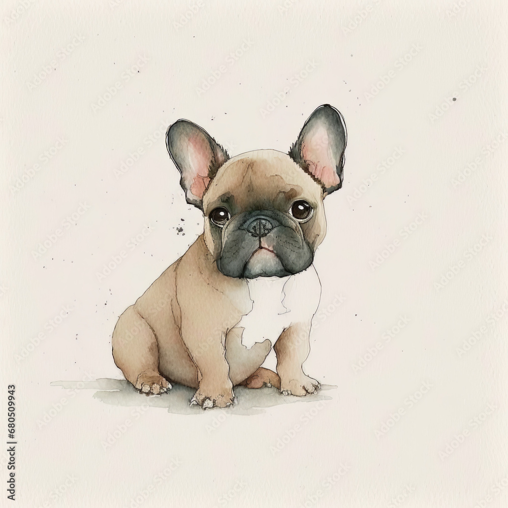 Adorable French Bulldog Dog Portrait in Watercolor