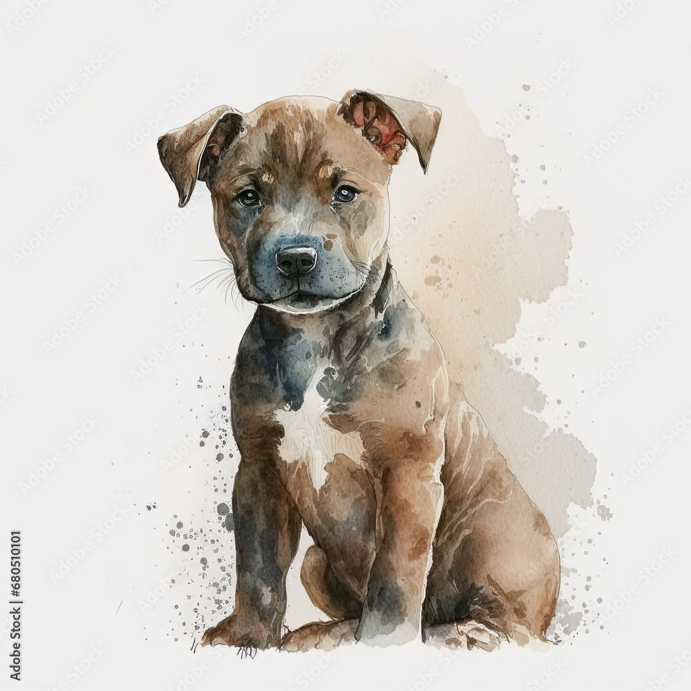 Adorable Staffordshire Bull Terrier Dog Portrait in Watercolor