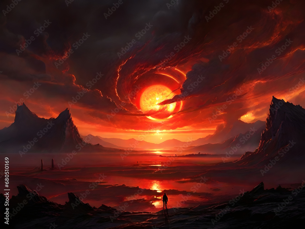  In a menacingly somber realm, a foreboding solar flare pierces the sky, casting an eerie glow upon the desolate landscape below. 