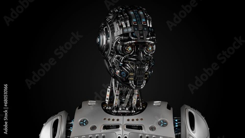 Sci fi robot or humanoid machine with highly detailed face looks around. 3d rendering animation isolated on black background with alpha