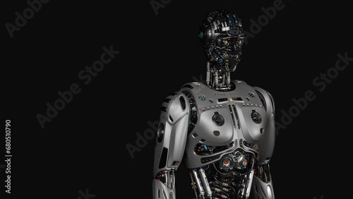 Futuristic robot man walk or male humanoid cyborg steps from left to right side of the screen. Upper body isolated on black background with alpha. 3d rendering animation