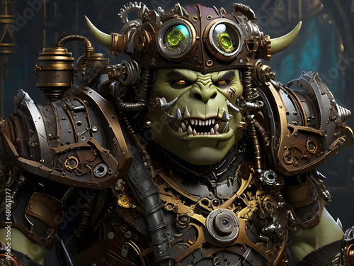 In a realm of fantastical contraptions and eccentric beings, a whimsical steampunk orc stands tall with a mischievous grin and sharp metallic teeth, depicted in a beautifully rendered digital painting photo