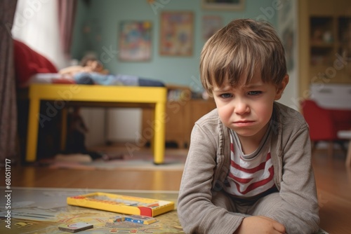 sad depressed young boy child sit in your room. photo