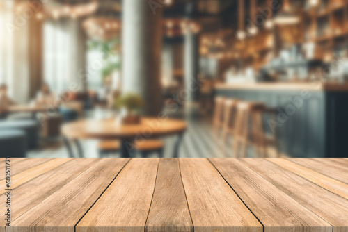 Empty wooden table space platform and blurred restaurant or coffee shop background for product display montage photo