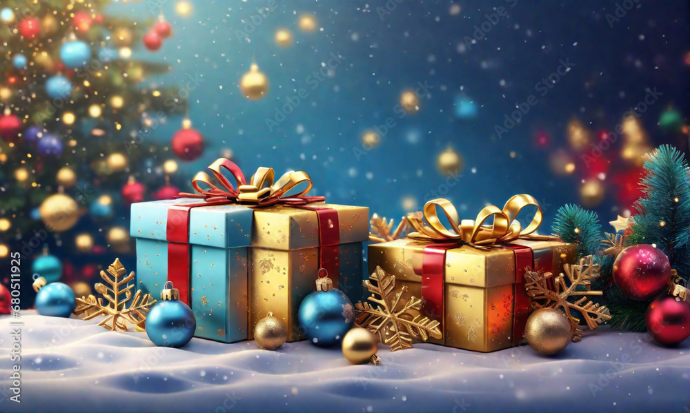 Christmas illustration with colored gift boxes with ribbons and bows Christmas tree branches red and golden balls and other decorations Generative AI Christmas illustration with colored gift boxes with ribbons and bows Christmas tree branches red and golden balls and other decorations Generative AI