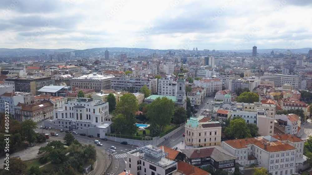 Fototapeta premium Daytime aerial shot in Belgrade, Serbia. Sava River and general city view