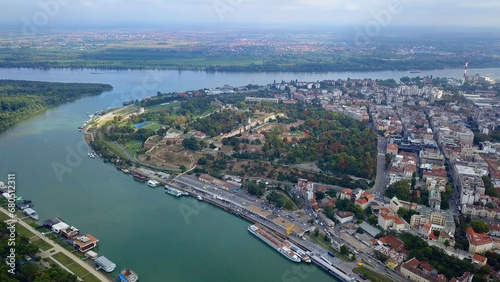 Daytime aerial shot in Belgrade, Serbia. Sava River and general city view