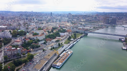 Daytime aerial shot in Belgrade  Serbia. Sava River and general city view
