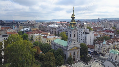 Daytime aerial shot in Belgrade, Serbia. Sava River and general city view, The Cathedral Church of St. Michael the Archangel (Saborna Crkva Sv. Arhangela Mihaila)