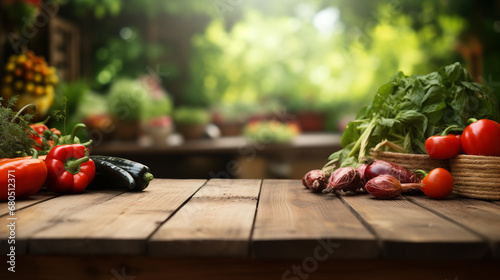 Wooden table. Vegetable garden background.