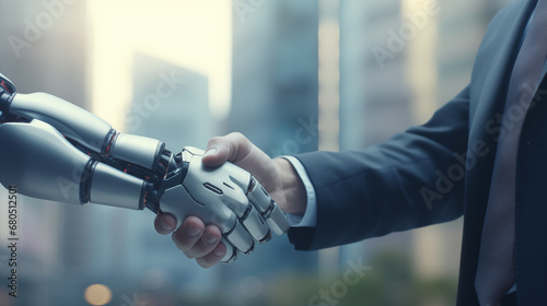 Businessman shaking hands with a robot artificial intelligence Partners of teamwork