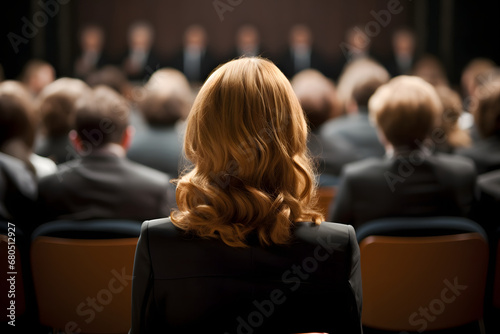 Rear view of a woman in a business conference