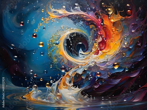 In the dark recesses of a swirling vortex, an enigmatic figure made entirely of ethereal water droplets emerges in a captivating oil painting. 