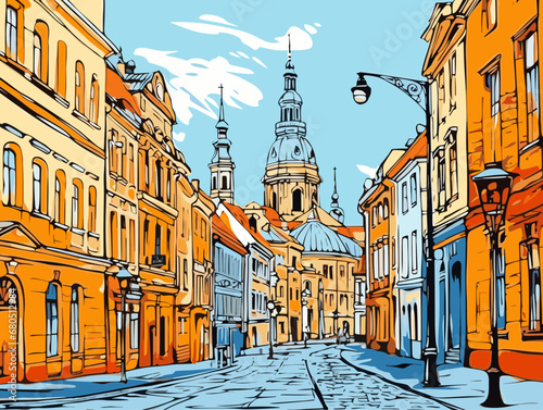 A Street With Buildings And A Dome On The Top - Old city in Riga Latvia