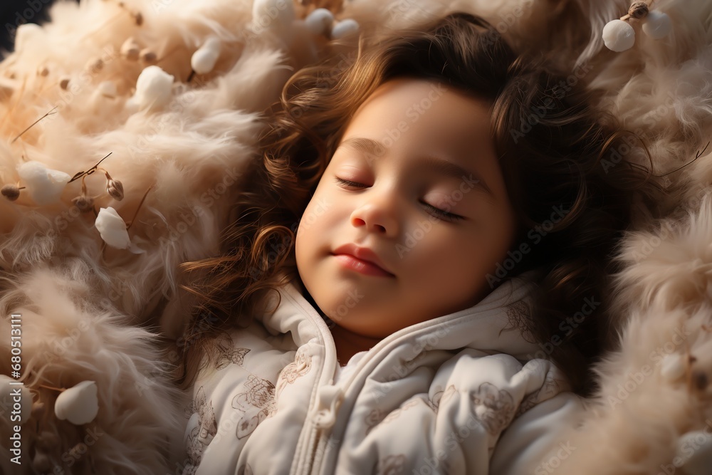Dreamland haven: A tiny sleeper lies comfortably in a bed of clouds, enjoying a peaceful and restful nap Dreamland haven: A tiny sleeper lies comfortably in a bed of clouds, enjoying a peaceful and restful nap
