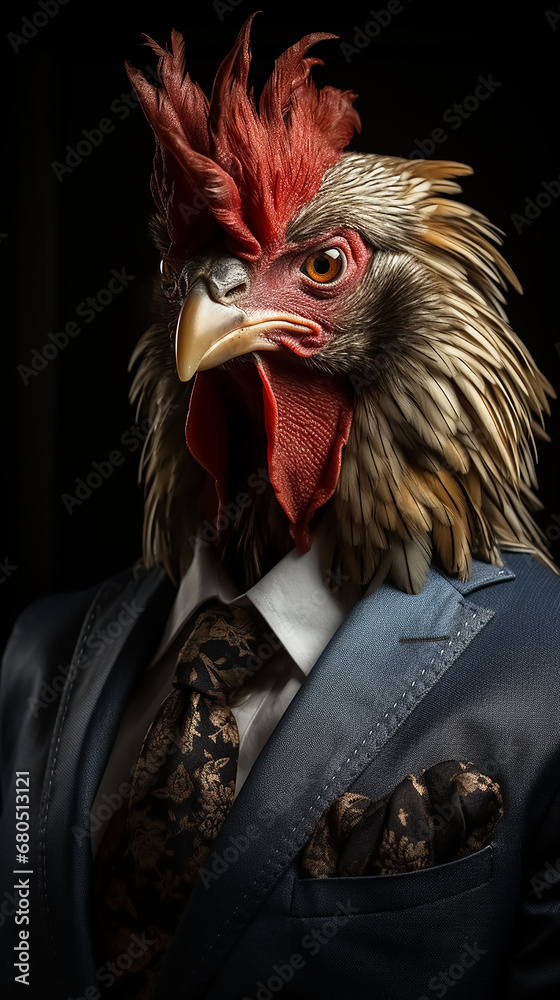 Rooster dressed in an elegant and modern suit with a nice tie. Fashion portrait of an anthropomorphic animal, shooted in a charismatic human attitude.